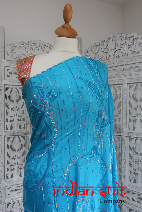 Blue & Pink Pure Silk Sari + 36 Inch Blouse - Preloved - Indian Suit Company