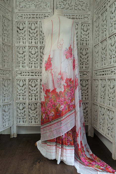 White Floral Vintage Sari - Preloved - Indian Suit Company