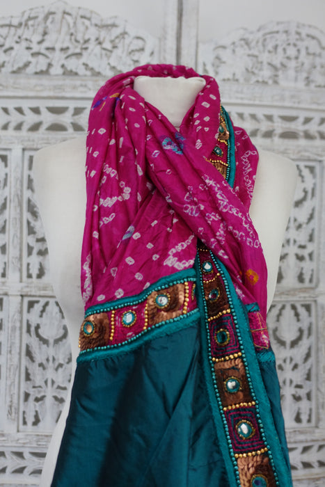 Teal & Pink Vintage Silk Dupatta - Preloved