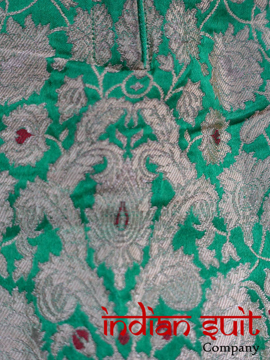 Green Banarsi Diamante Brocade & Pink Silk Salwar - UK 10 / EU 36 - New - Indian Suit Company