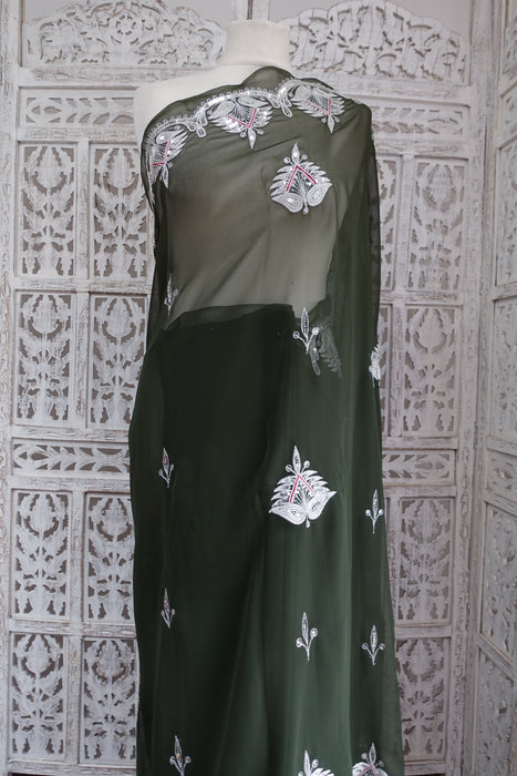 Olive Green Vintage Sari - Preloved - Indian Suit Company