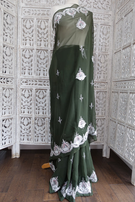 Olive Green Vintage Sari - Preloved - Indian Suit Company