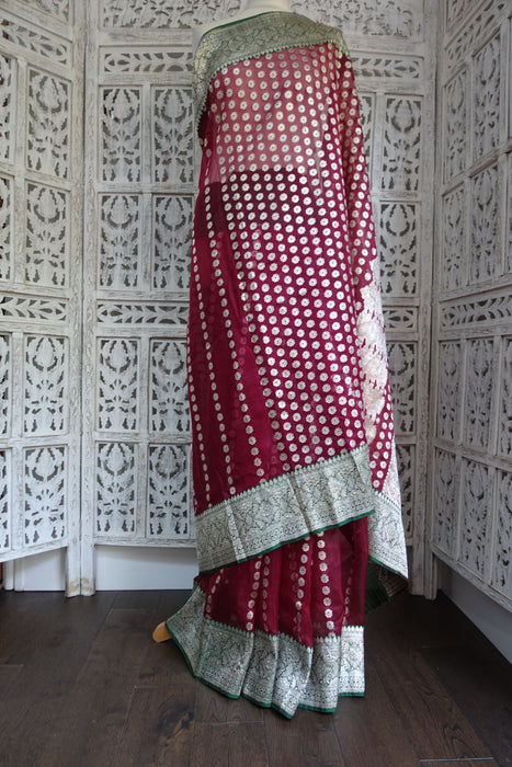 Dark Red Silk Voile Banarsi Vintage Sari - Preloved - Indian Suit Company