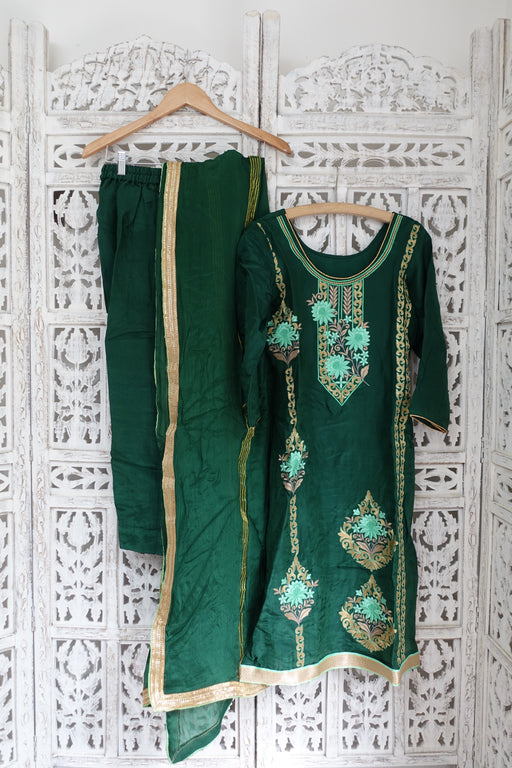 Dark Green Crepe Silk Capri Trouser Suit, UK 8 / EU 34 New - Indian Suit Company