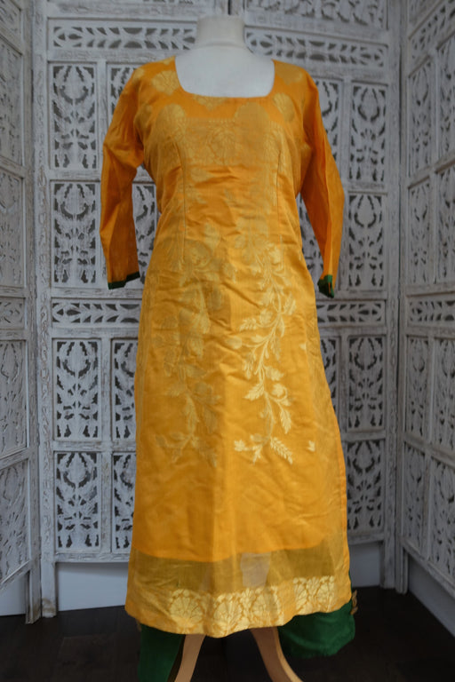 Yellow & Green Cotton Silk Trouser Suit - UK 14 / EU 40 - Preloved - Indian Suit Company