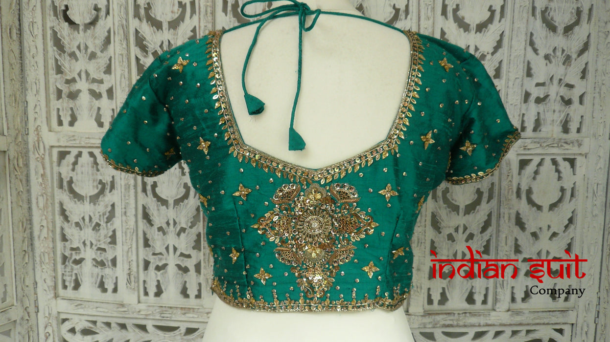 Jade Green Raw Silk Sari Blouse - UK 10 / EU 36 - Preloved - Indian Suit Company