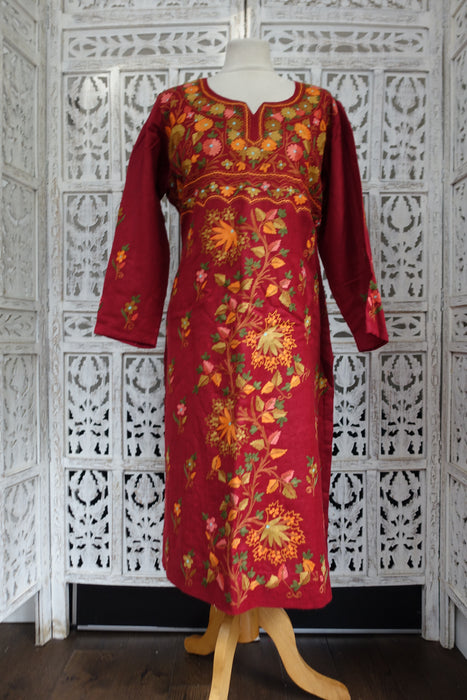 Maroon Wool Blend Kashmiri Embroidered Tunic Dress - UK 18 / EU 44 - New