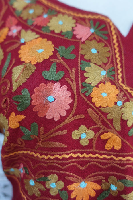 Maroon Wool Blend Kashmiri Embroidered Tunic Dress - UK 18 / EU 44 - New