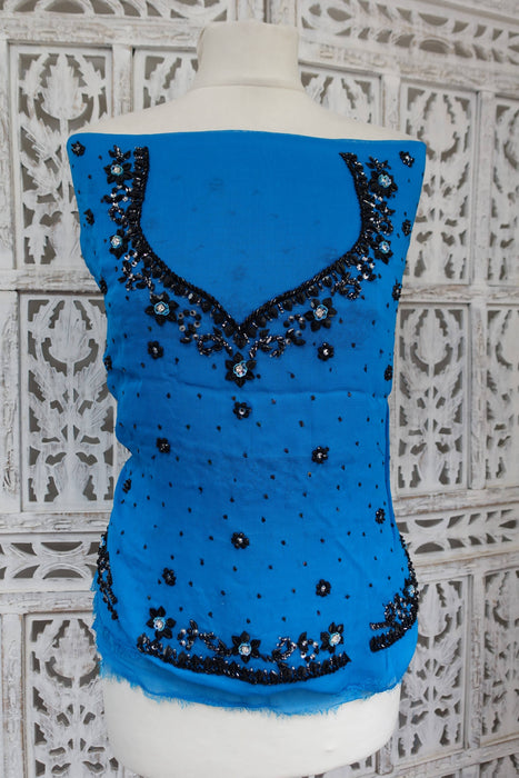Blue Beaded Chiffon Unstitched Blouse Fabric - New