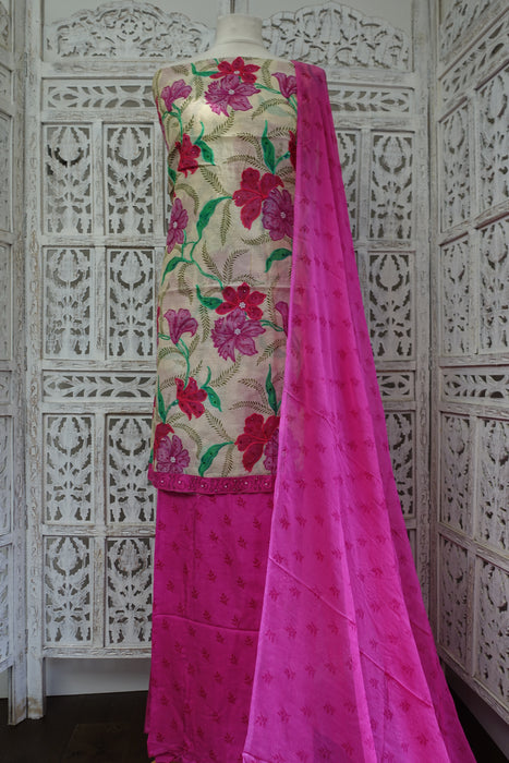 Pink Floral Cotton Silk Blend Unstitched Suit - New - Indian Suit Company