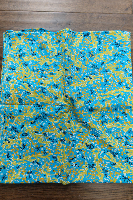 Bright Blue Cotton With Ochre, Green And White Print - New