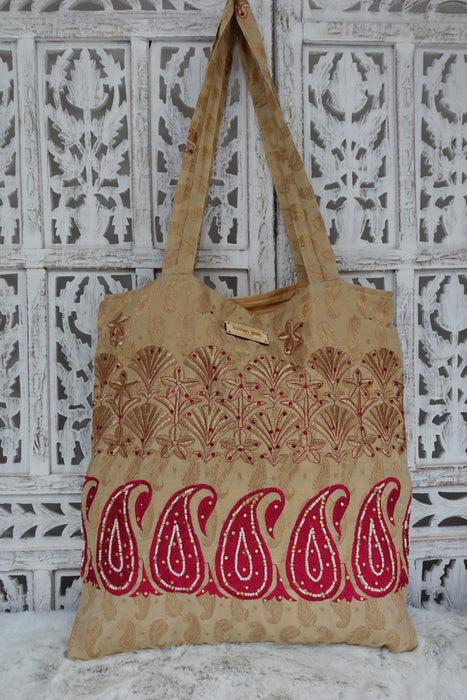 Creamy Gold Cotton Silk Paisley Tote Bag - New - Indian Suit Company