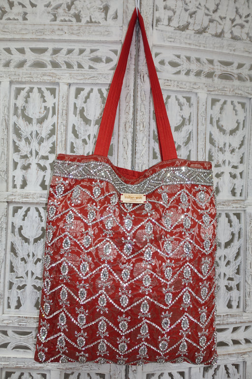 Rust Banarsi Brocade Tote Bag With Diamante Detailing - New - Indian Suit Company