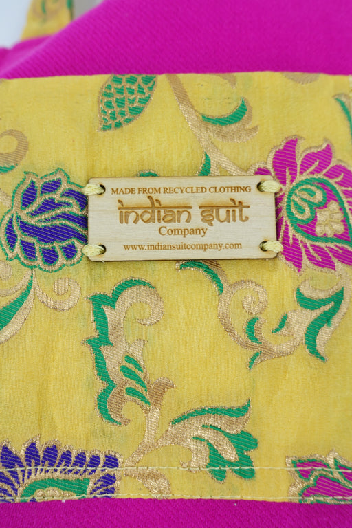 Hot Pink And Yellow Banarsi Brocade Tote Bag - New - Indian Suit Company