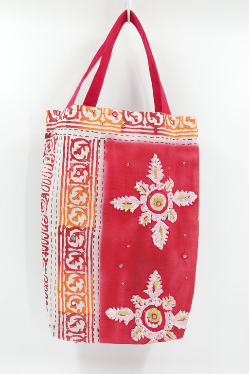 Bg17554 Red And White Cotton Print Bag With Short Red Handle - Indian Suit Company