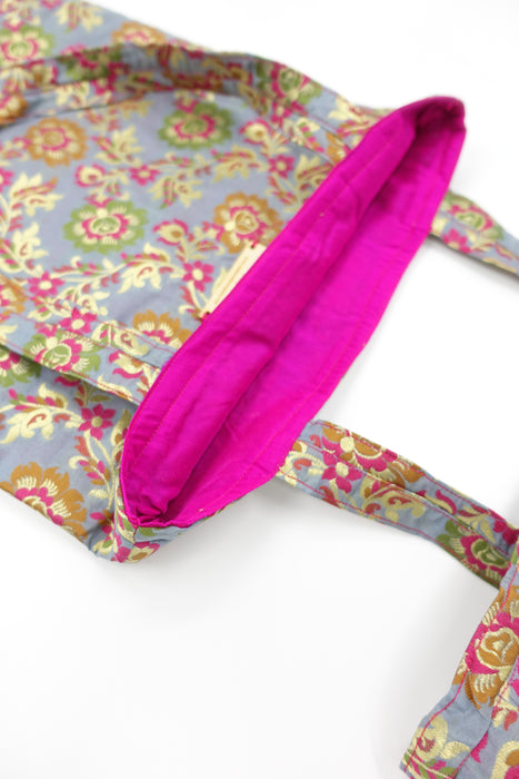 Grey Brocade And Pink Bag - New