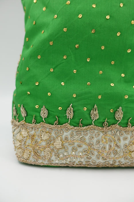 Bright Green Vintage Silk Zardosi Bag Cream Silk Lining - New