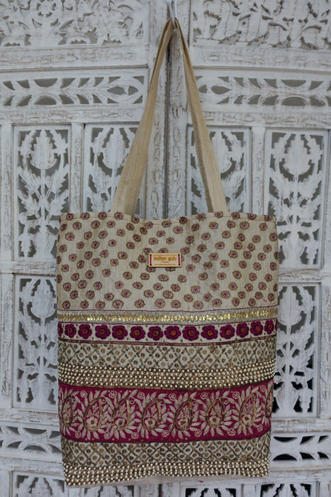 Cream Silk Embellished Bag With Plum Silk Lining - New