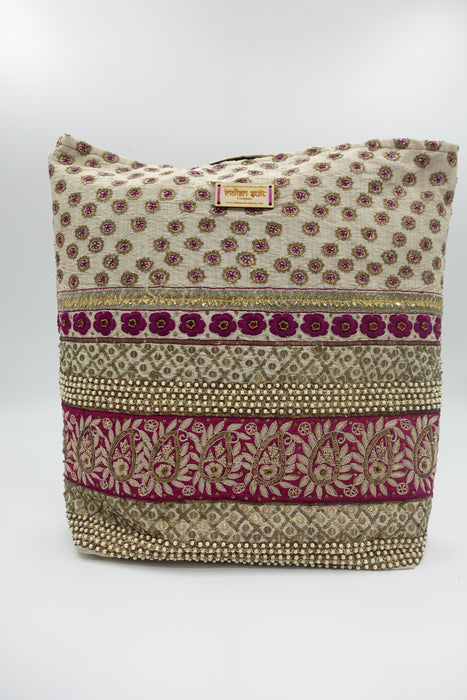 Cream Silk Embellished Bag With Plum Silk Lining - New