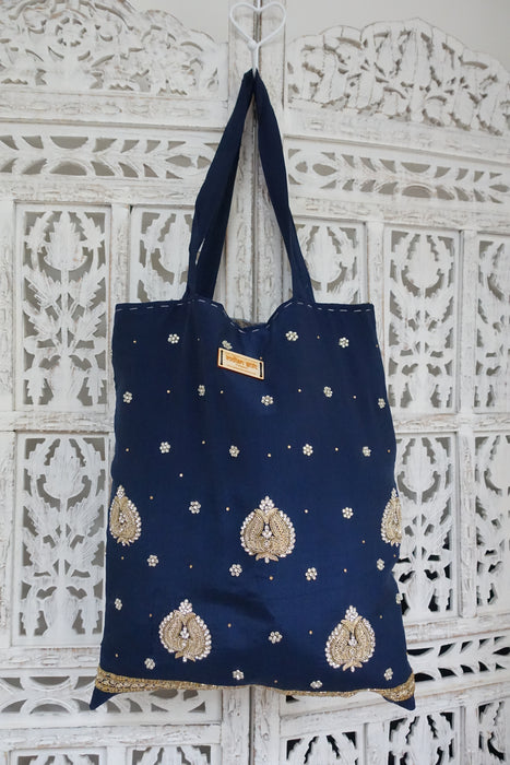 Blue Silk With Grey Paisley Tote Bag- New