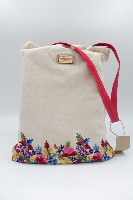 Cream Wool Floral Embroidered Bag With Red Silk Lining - New