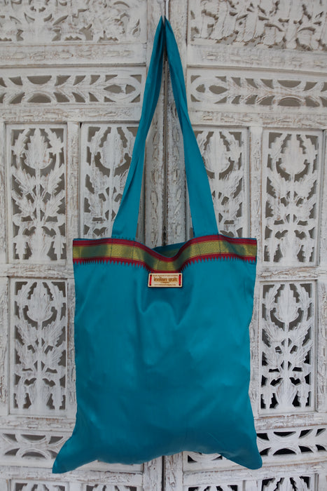 Peacock Blue Silk Blend Bag Long Handles - New