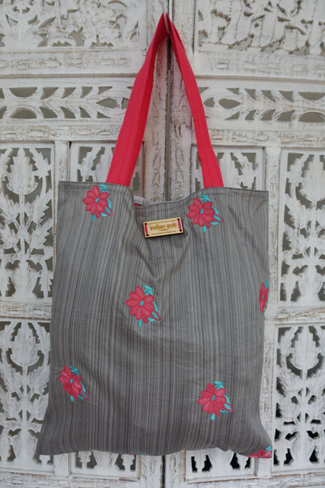 Grey Cotton Silk Embroidered Unlined Bag - New
