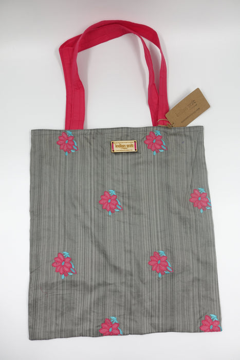 Grey Cotton Silk Embroidered Unlined Bag - New