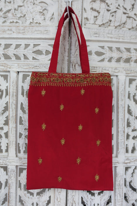 Dark Red Silk Small Gift Bag With Antique Zardosi - New