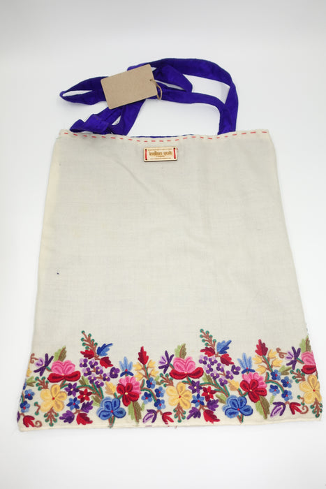 Cream Wool Floral Embroidered Tote Bag With Purple Silk - New