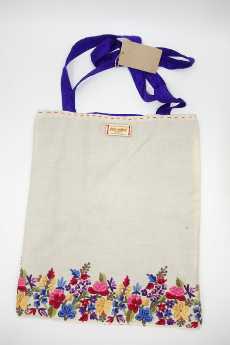Cream Wool Floral Embroidered Tote Bag With Purple Silk - New