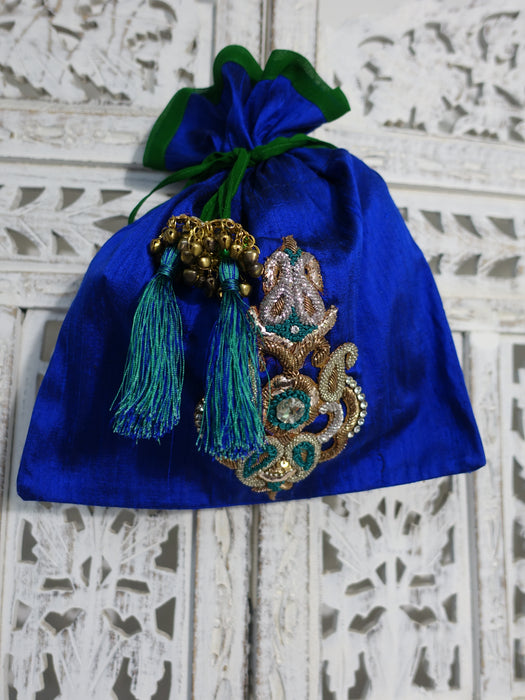 Blue Raw Silk Potli Bag With Green Chiffon Lining READY - Indian Suit Company