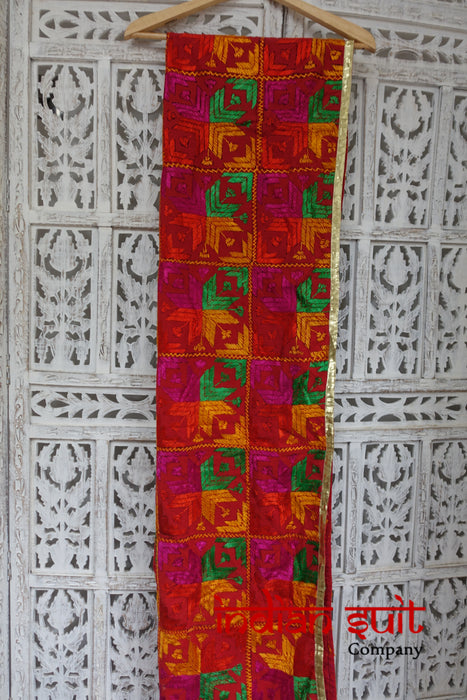 Red Cotton Traditional Phulkari Blanket / Bagh - New - Indian Suit Company