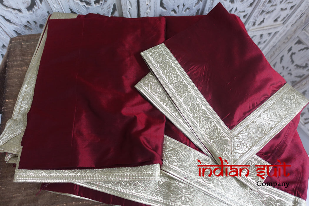Dark Red Silk With Gold Braid Trim Tablecloth - Indian Suit Company