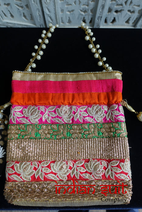 Orange & Bright Pink Raw Silk Beaded Potli Bag - New - Indian Suit Company