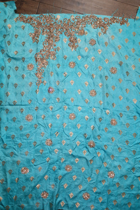 Aqua Blue Soft Silk With Gold Diamante Stonework - Indian Suit Company