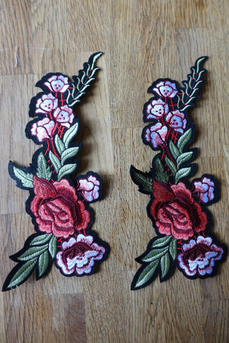 Black Iron On Floral Embroidered Motifs X 2 - New