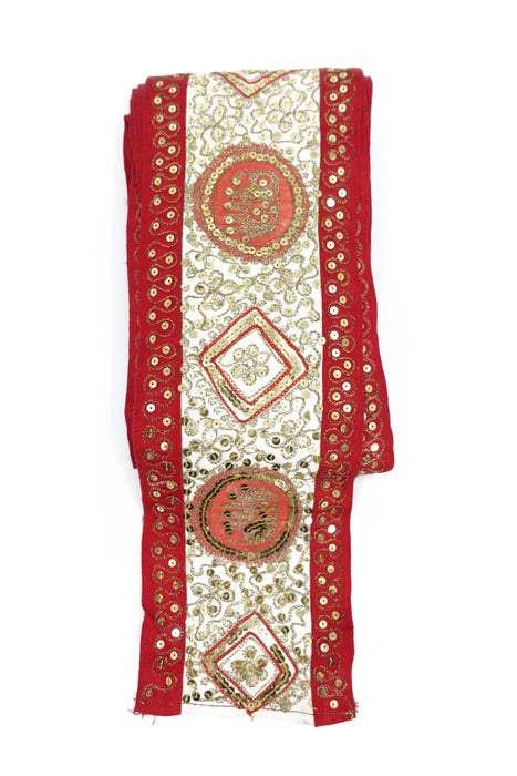 Red And White Vintage Silk Sequinned Braid Trim - Indian Suit Company