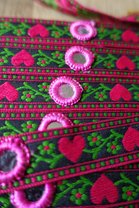 Black Embroidered Heart Braid Trim With Mirror Work - New - Indian Suit Company