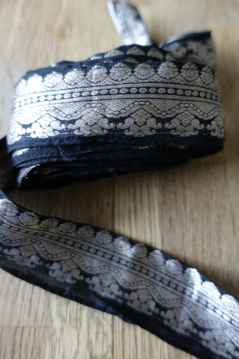 Black Silk With Silver Thread Sari Border - Reclaimed
