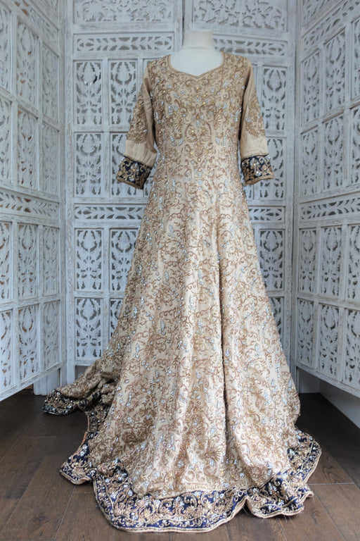 Cream & Navy Silk Wedding Gown Lengha - UK Size 14/EU 40 - Preloved Indian Suit Company Cream & Navy Silk Wedding Gown Lengha - UK Size 14/EU 40 - Preloved Indian Suit Company