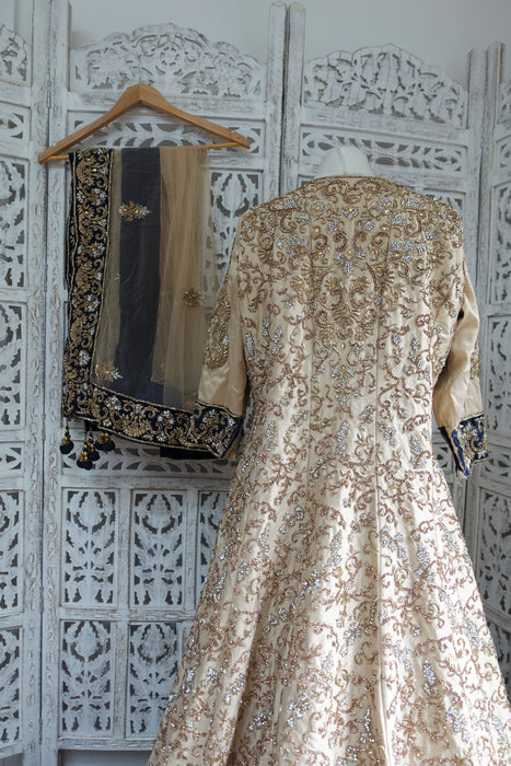 Cream & Navy Silk Wedding Gown Lengha - UK Size 14 / EU 40 - Preloved - Indian Suit Company