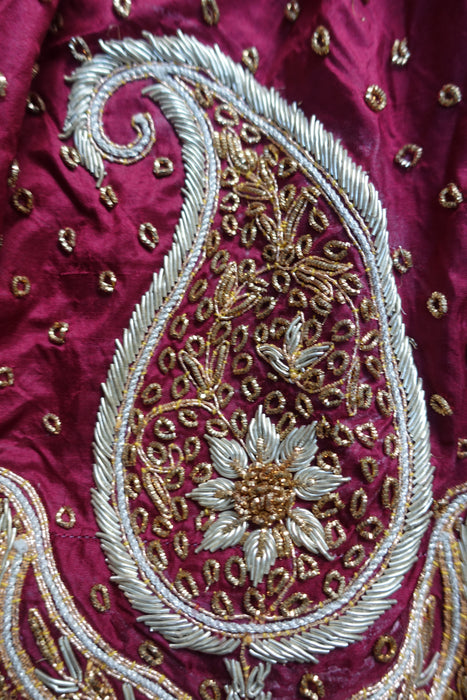 Maroon Vintage Pure Silk Wedding Lengha - UK 6 EU 32 -Preloved