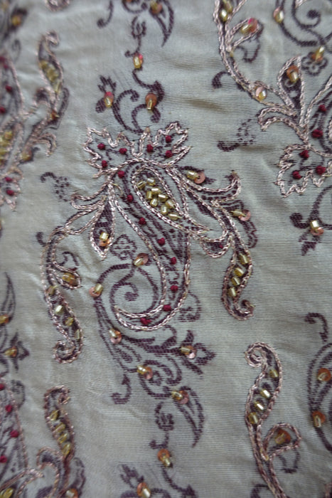 Khaki & Cream Vintage Silk Lengha - UK Size 6 / EU Size 32 - Preloved