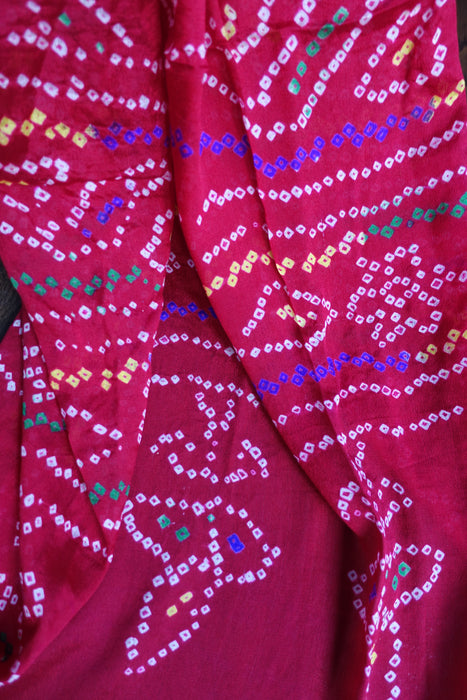 Red Bandhani Vintage Silk Skirt And Dupatta - Freesize - New