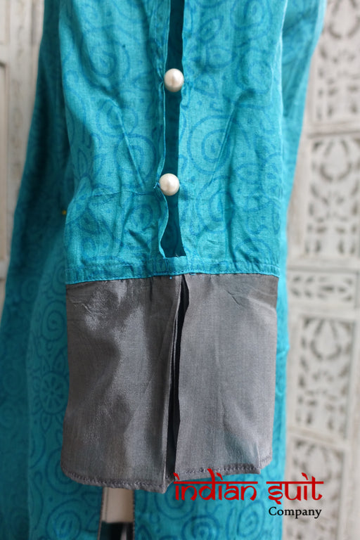 Blue & Grey Tissue Silk Capri Style Suit - UK 12 / EU 38 - Preloved - Indian Suit Company