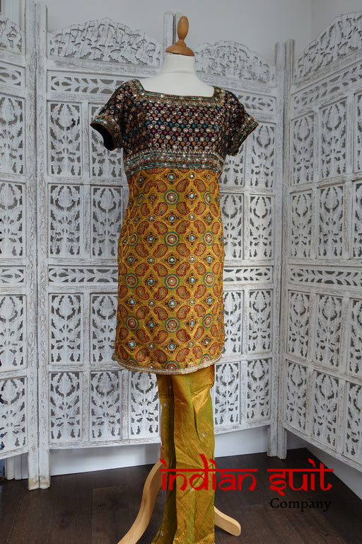 Ochre Banarsi Silk Pyjami Churidaar Kameez Suit- UK 12 / EU 38 - Preloved - Indian Suit Company