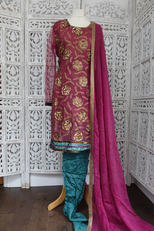 Purple & Teal Sequinned Churidaar Suit - UK 16 / EU 42 - Preloved - Indian Suit Company