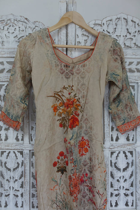 Sand Coloured Embroidered Churidaar Suit - UK 8 / EU 34 - New - Indian Suit Company