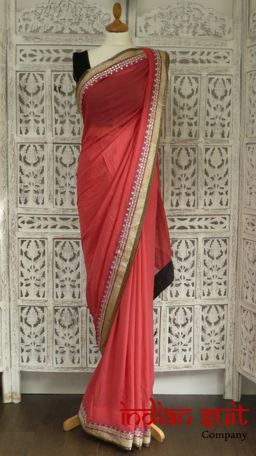Coral Silk Chiffon 3Pc Sari + 31 Inch Blouse - Preloved - Indian Suit Company